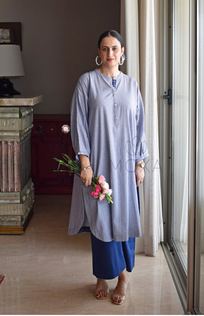 Blue Mini Checks Antifit Handloom Cotton Kurta with Blue Pajama