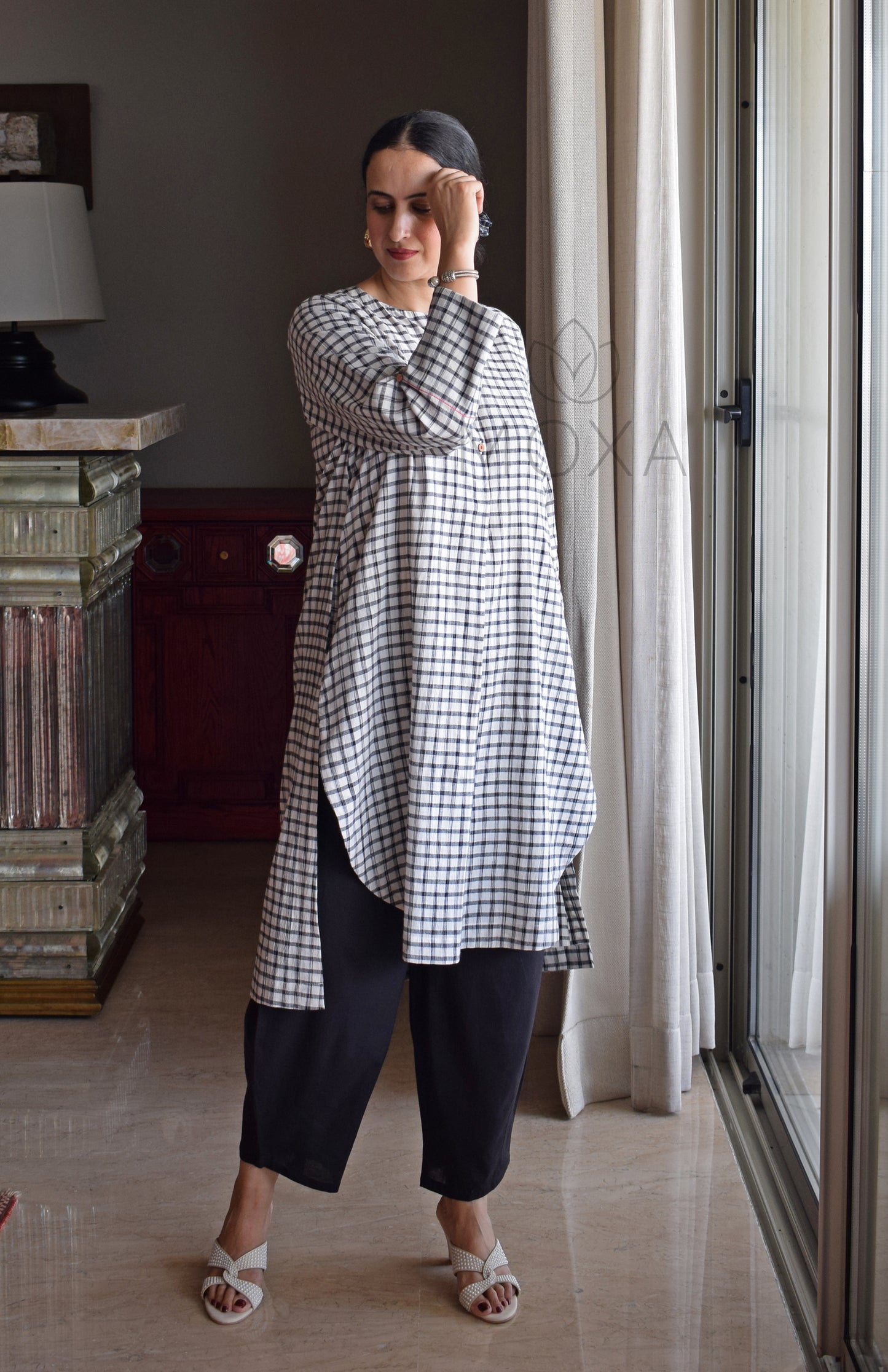 Off-White Checks Kurta in Handloom Cotton with Black Pajama
