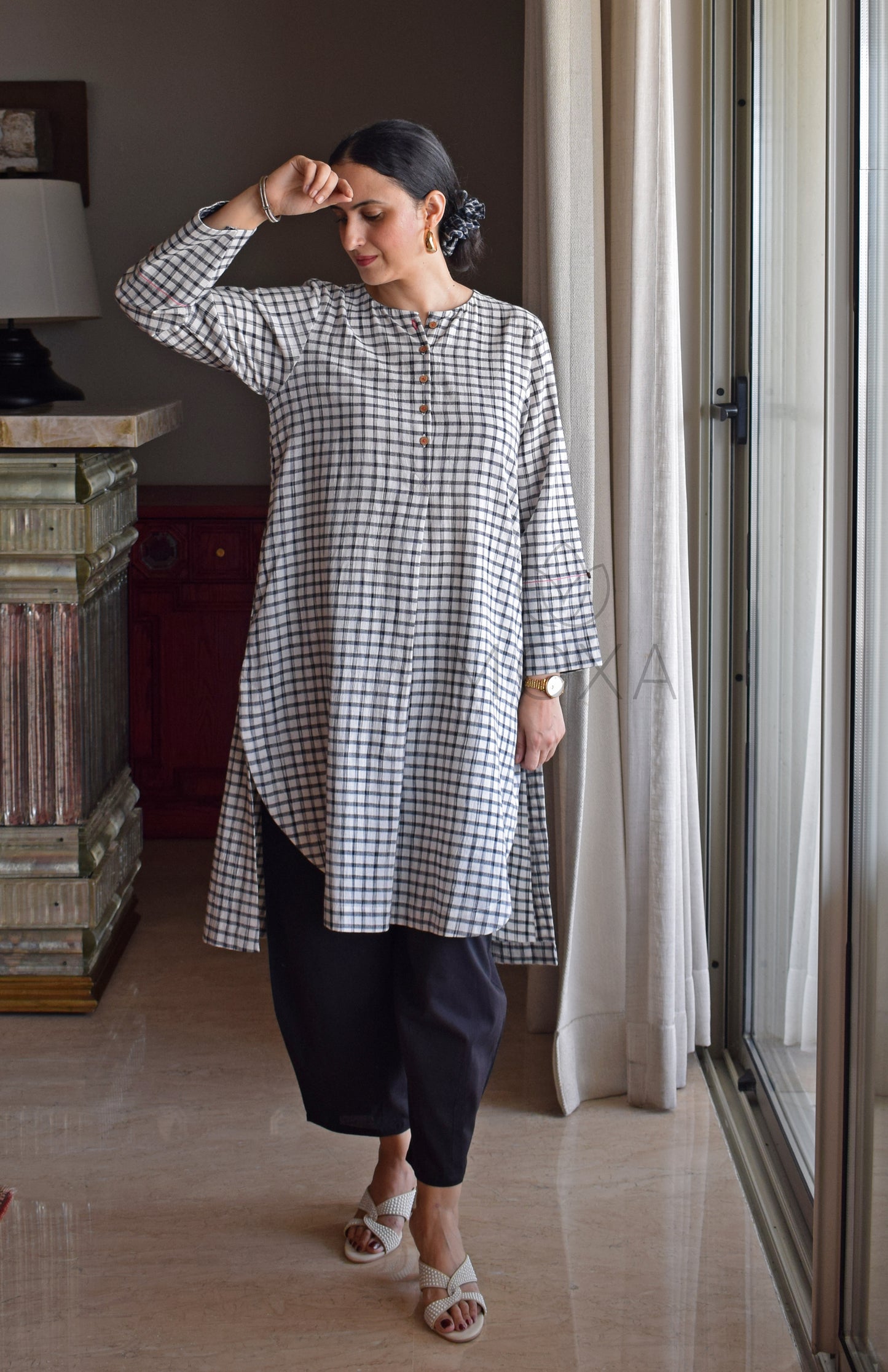 Off-White Checks Kurta in Handloom Cotton with Black Pajama