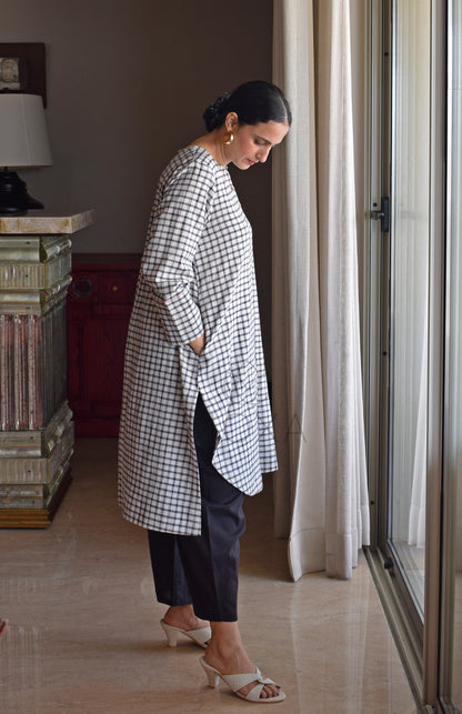 Off-White Checks Kurta in Handloom Cotton with Black Pajama