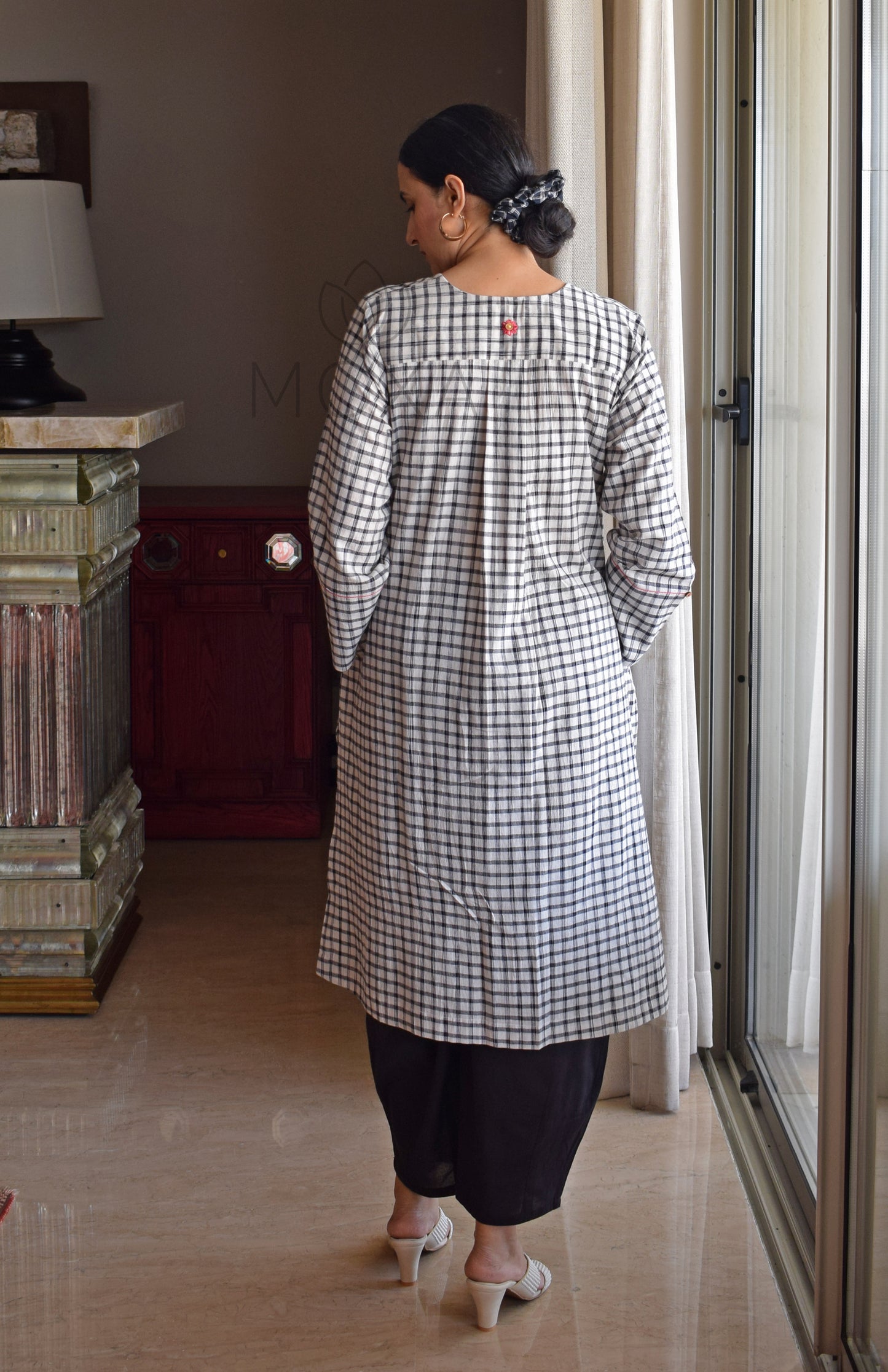 Off-White Checks Kurta in Handloom Cotton with Black Pajama