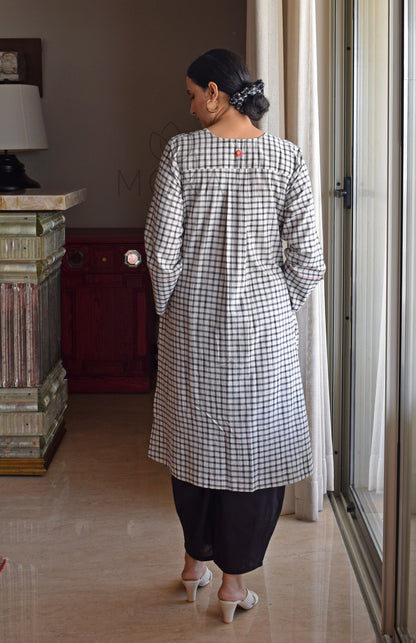 Off-White Checks Kurta in Handloom Cotton with Black Pajama