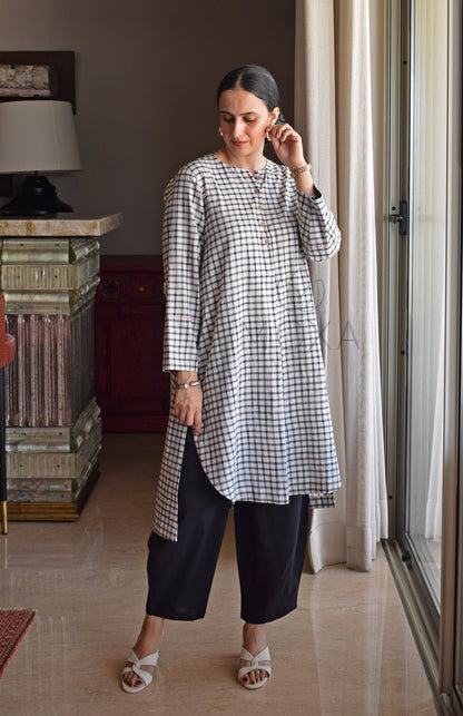 Off-White Checks Kurta in Handloom Cotton with Black Pajama