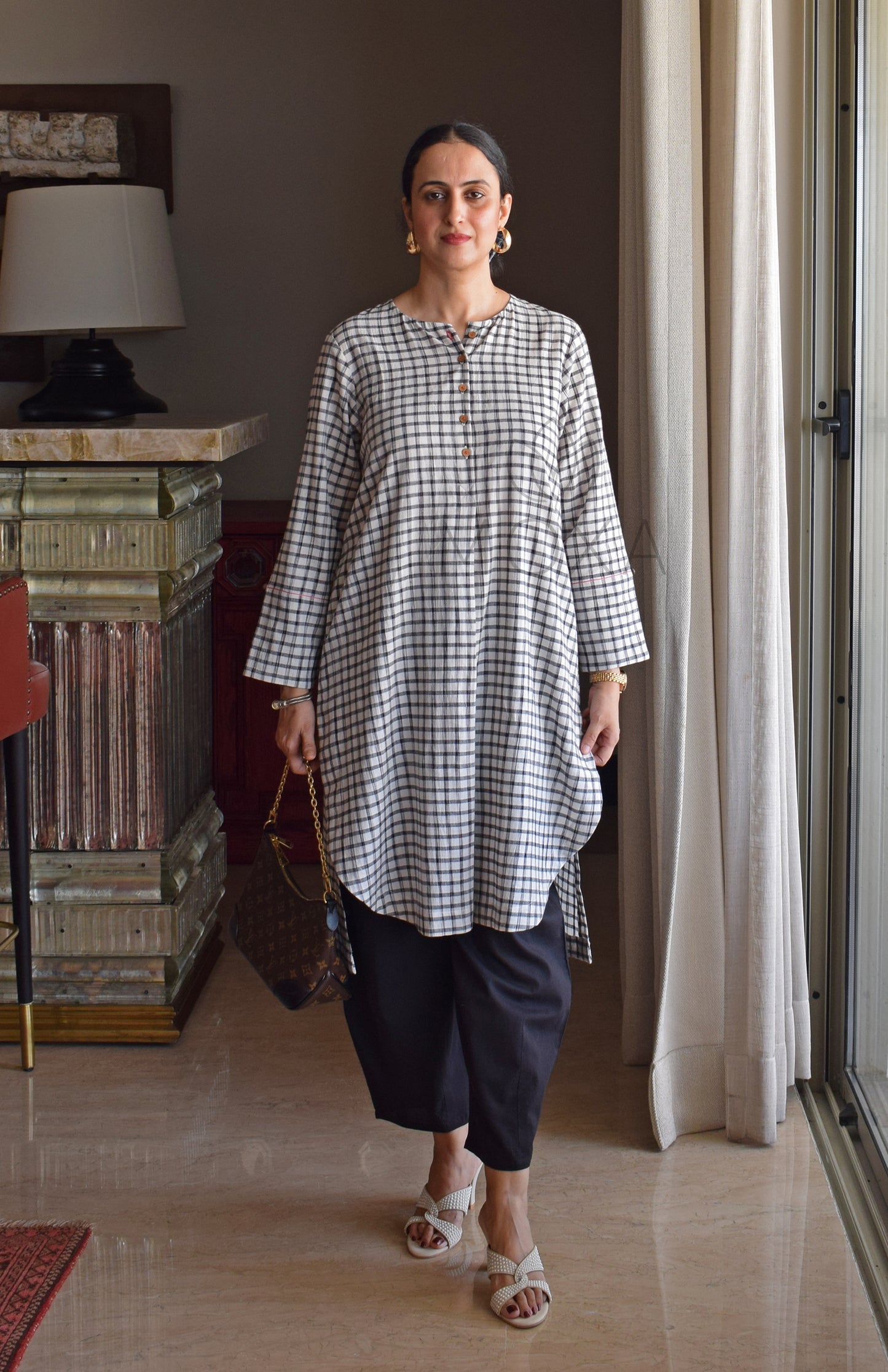 Off-White Checks Kurta in Handloom Cotton with Black Pajama