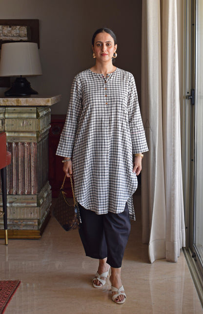 Off-White Checks Kurta in Handloom Cotton with Black Pajama