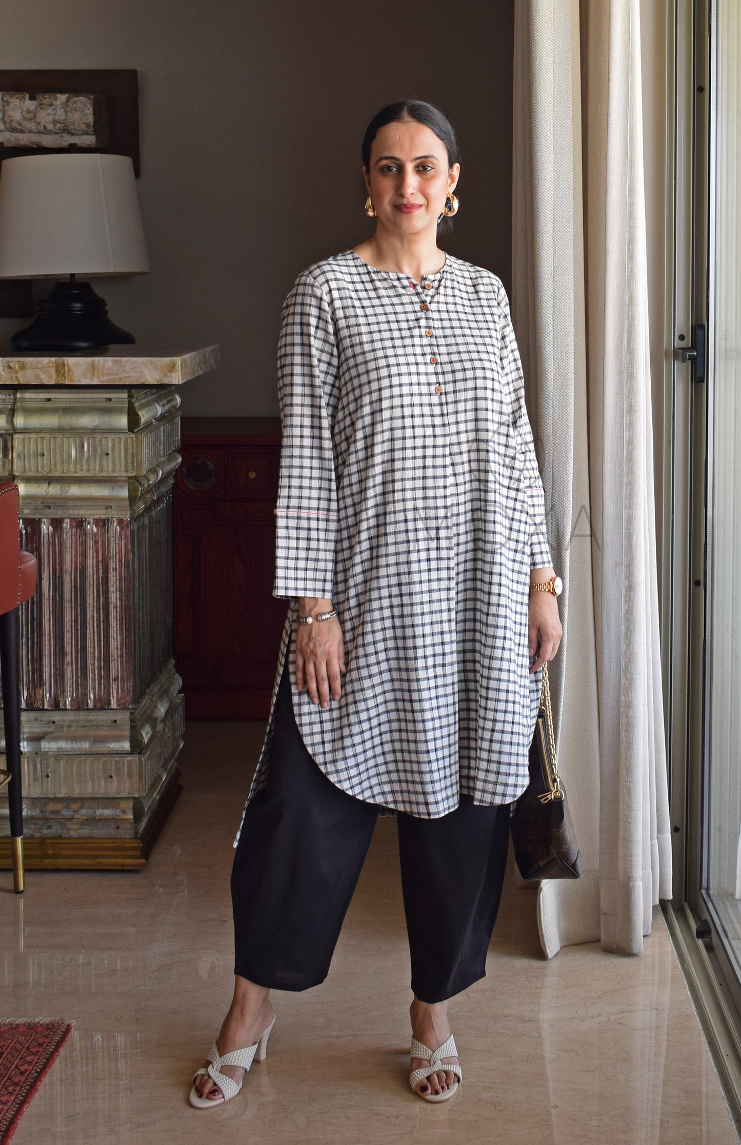 Off-White Checks Kurta in Handloom Cotton with Black Pajama