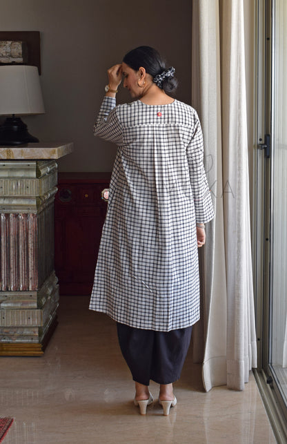 Off-White Checks Kurta in Handloom Cotton with Black Pajama
