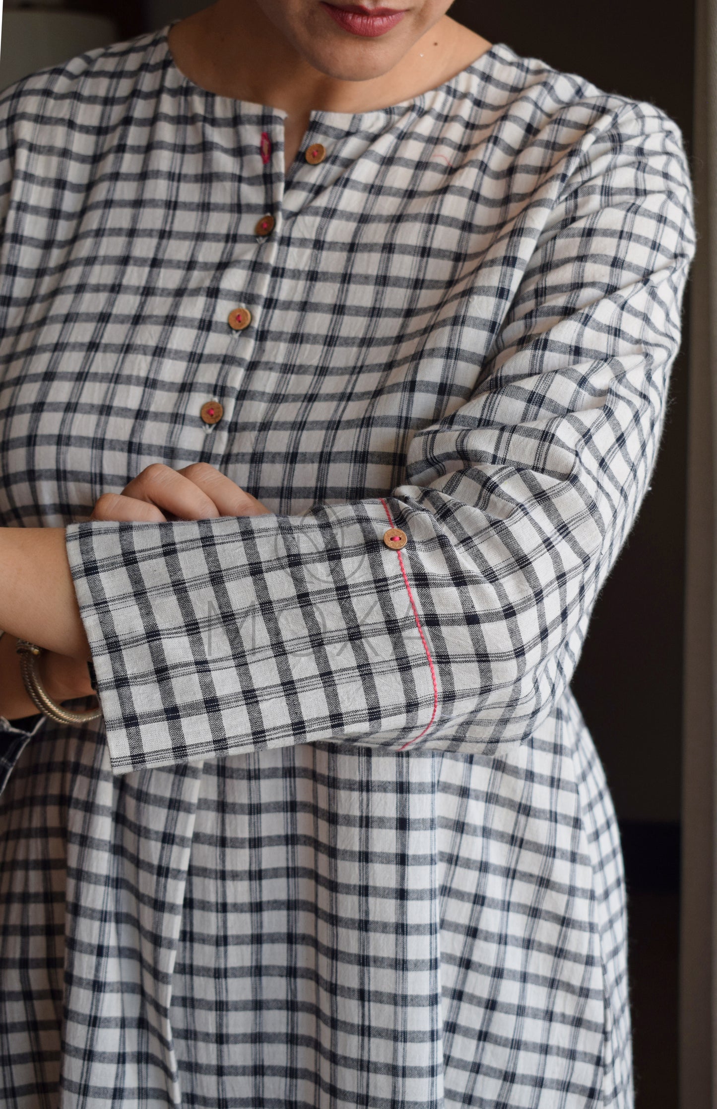 Off-White Checks Kurta in Handloom Cotton with Black Pajama