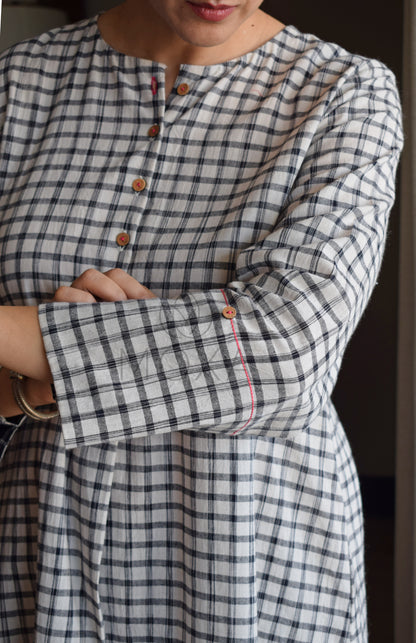 Off-White Checks Kurta in Handloom Cotton with Black Pajama