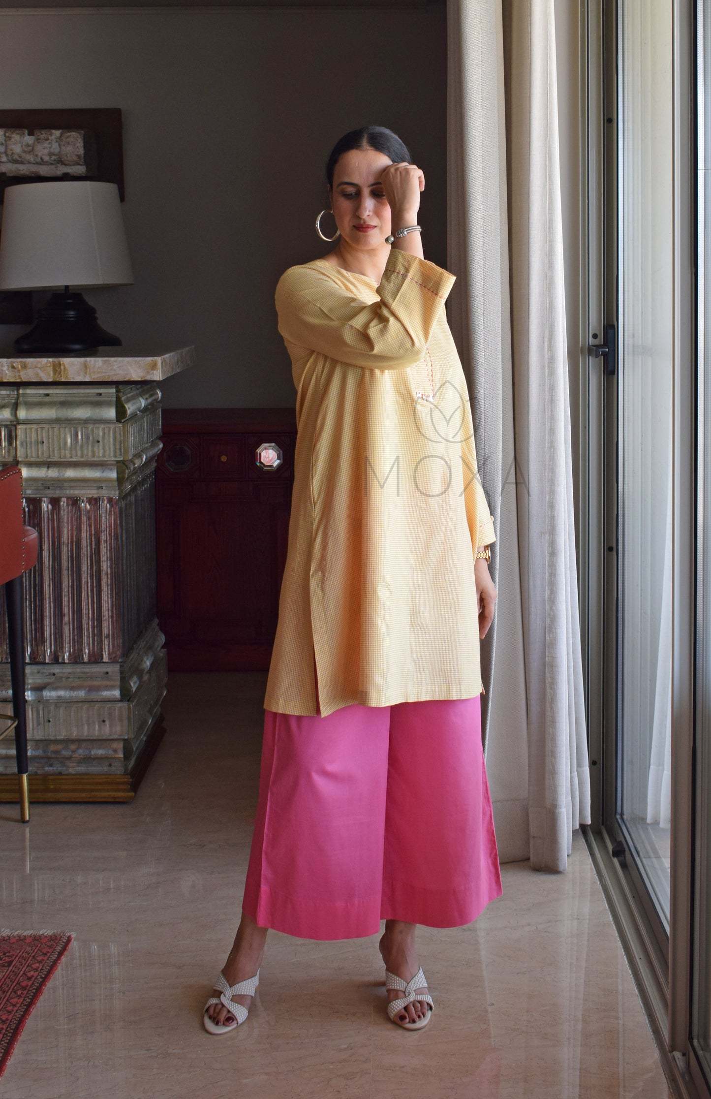 Butter Yellow Mini Checks Short Kurta in Handloom Cotton