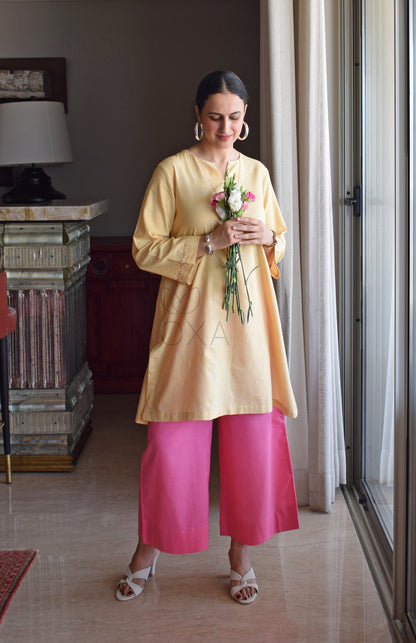 Butter Yellow Mini Checks Short Kurta in Handloom Cotton