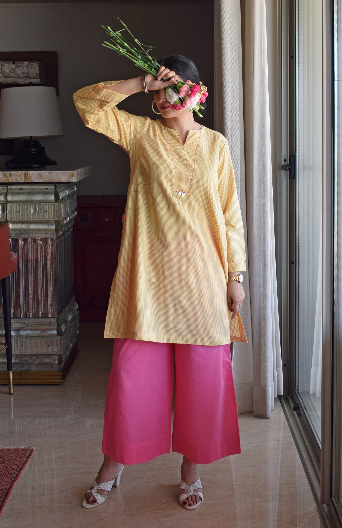Butter Yellow Mini Checks Short Kurta in Handloom Cotton