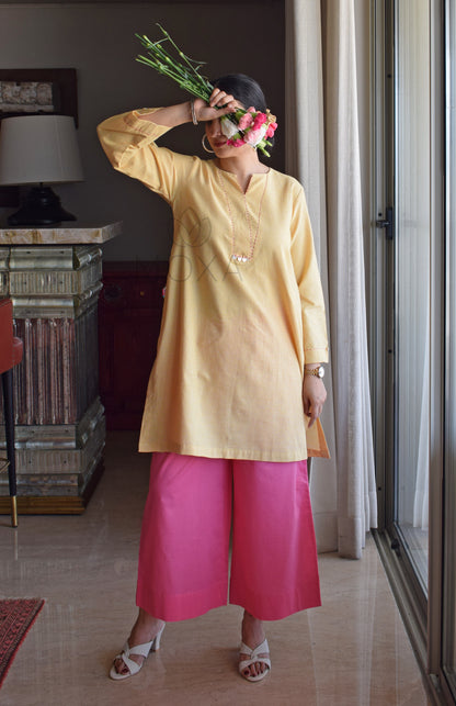 Butter Yellow Mini Checks Short Kurta in Handloom Cotton