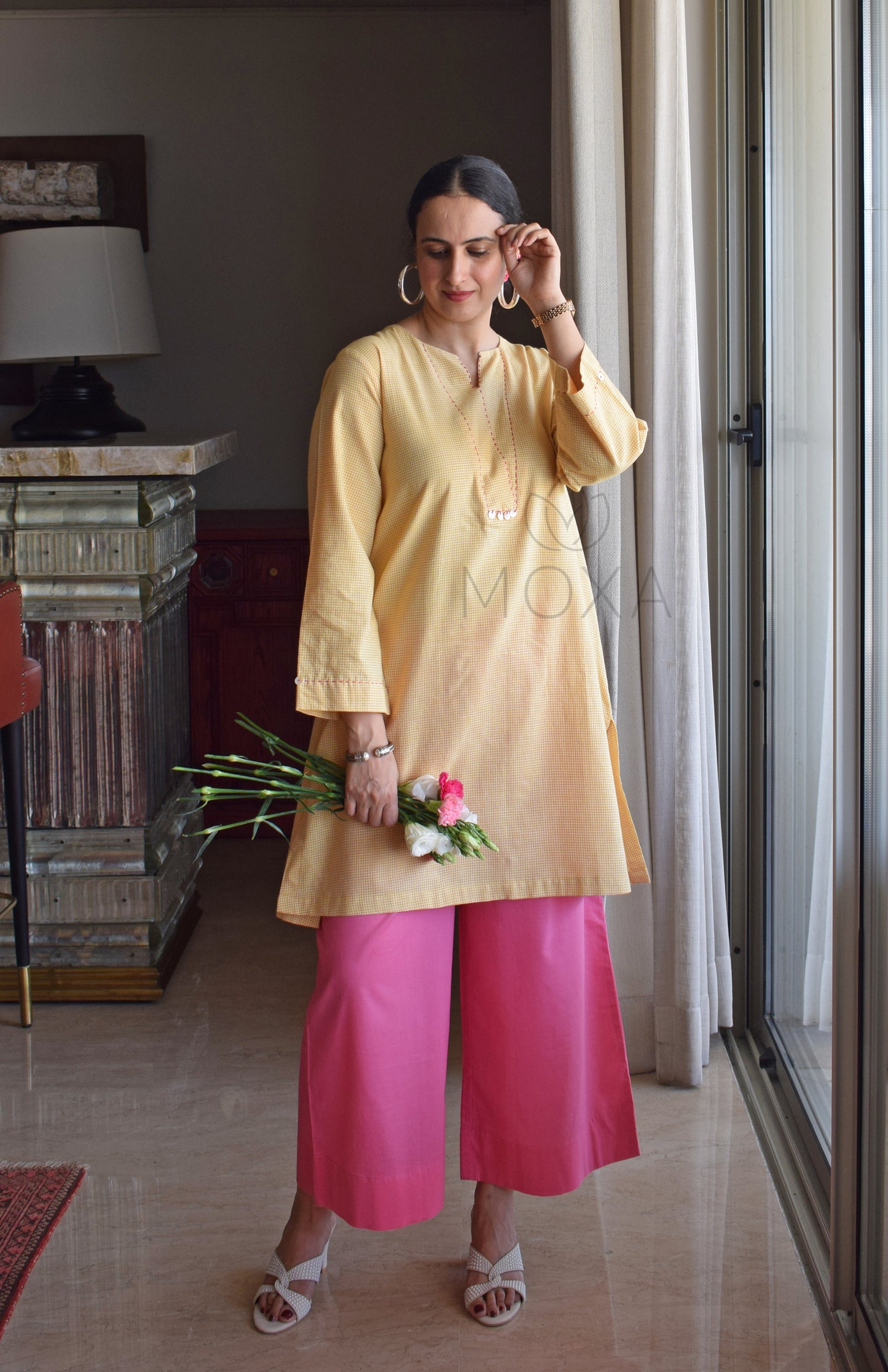 Butter Yellow Mini Checks Short Kurta in Handloom Cotton