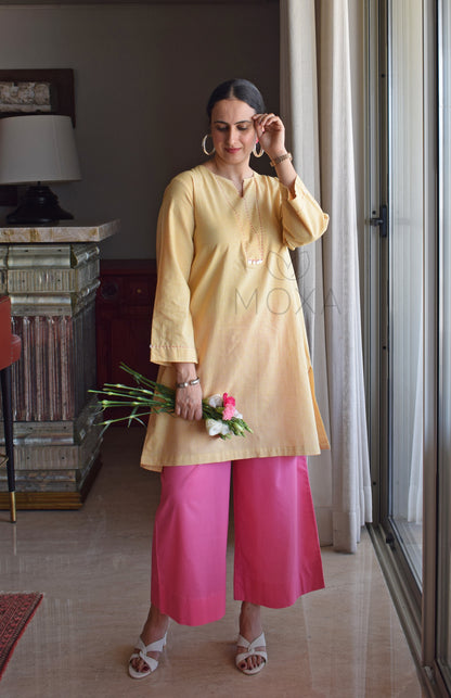 Butter Yellow Mini Checks Short Kurta in Handloom Cotton