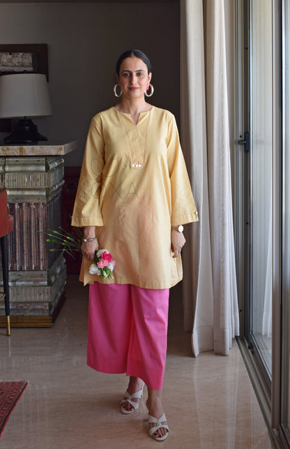 Butter Yellow Mini Checks Short Kurta in Handloom Cotton