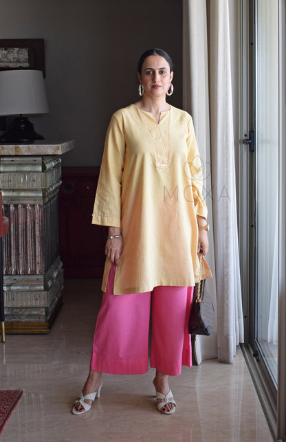 Butter Yellow Mini Checks Short Kurta in Handloom Cotton