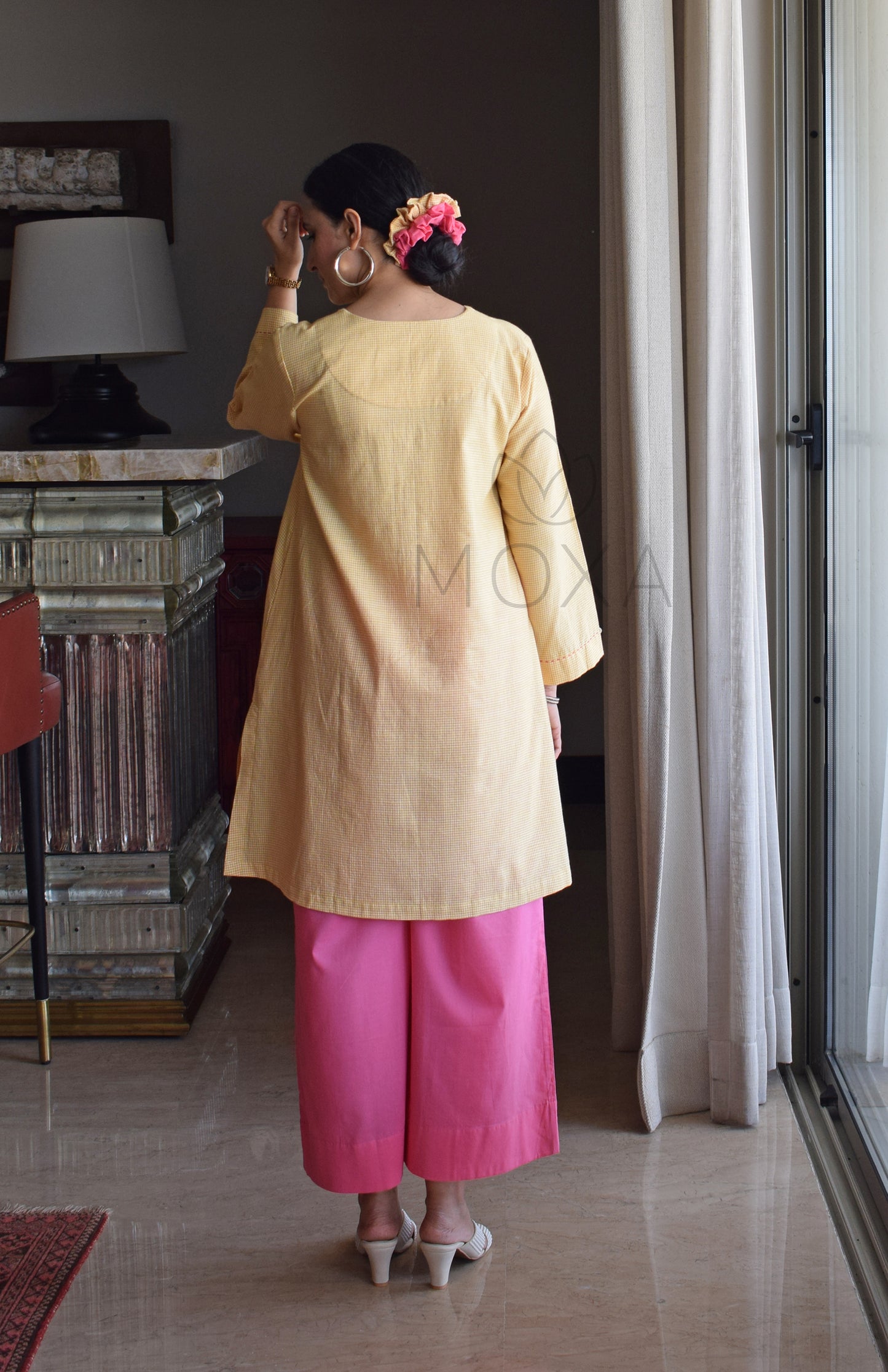 Butter Yellow Mini Checks Short Kurta in Handloom Cotton