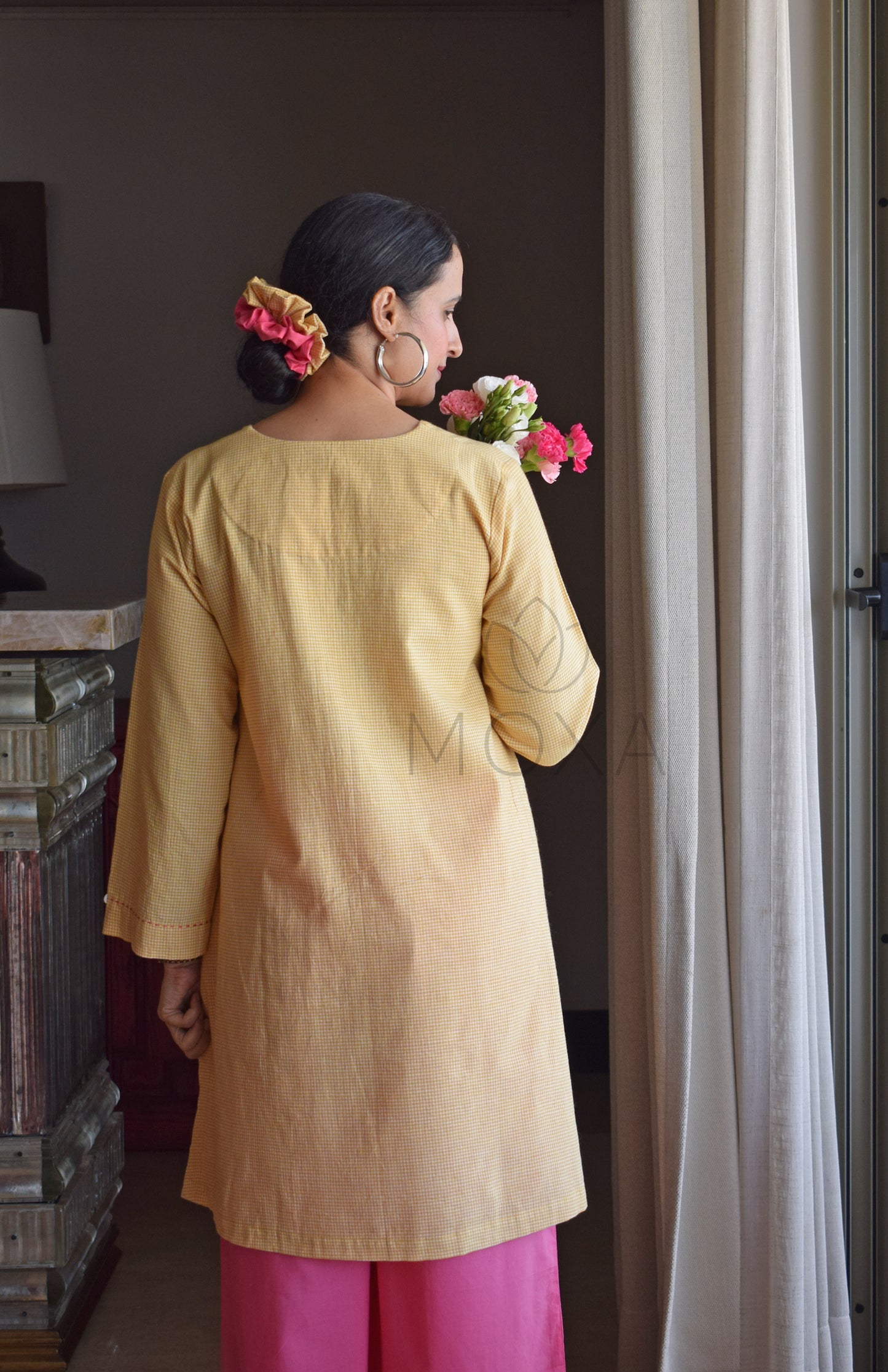 Butter Yellow Mini Checks Short Kurta in Handloom Cotton