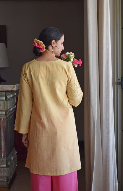 Butter Yellow Mini Checks Short Kurta in Handloom Cotton