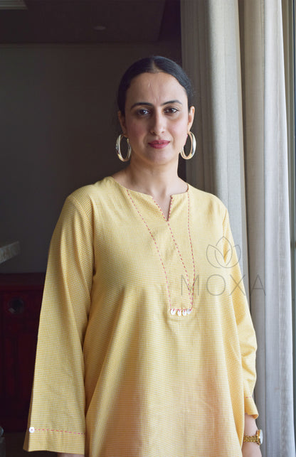 Butter Yellow Mini Checks Short Kurta in Handloom Cotton