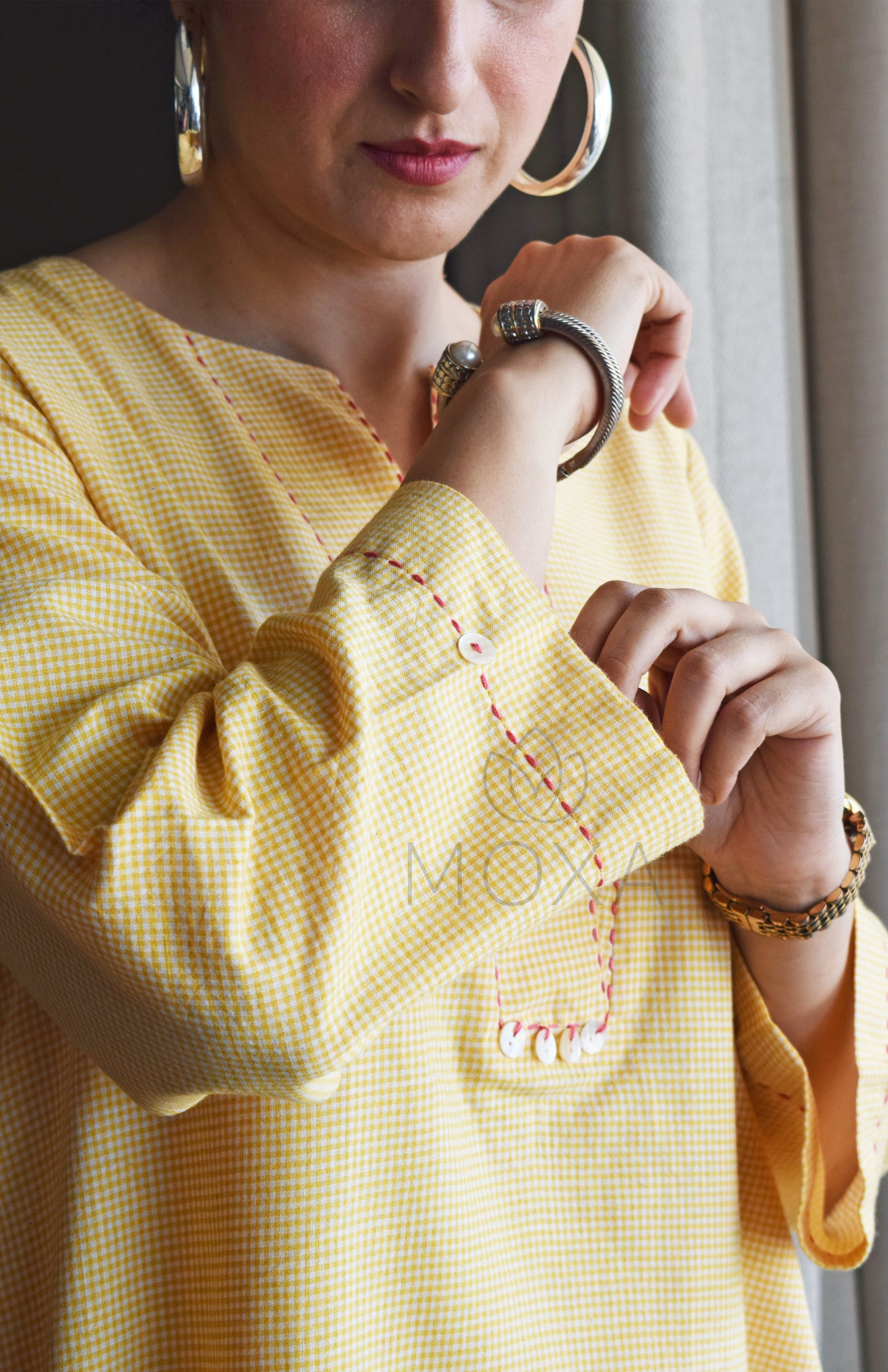 Butter Yellow Mini Checks Short Kurta in Handloom Cotton