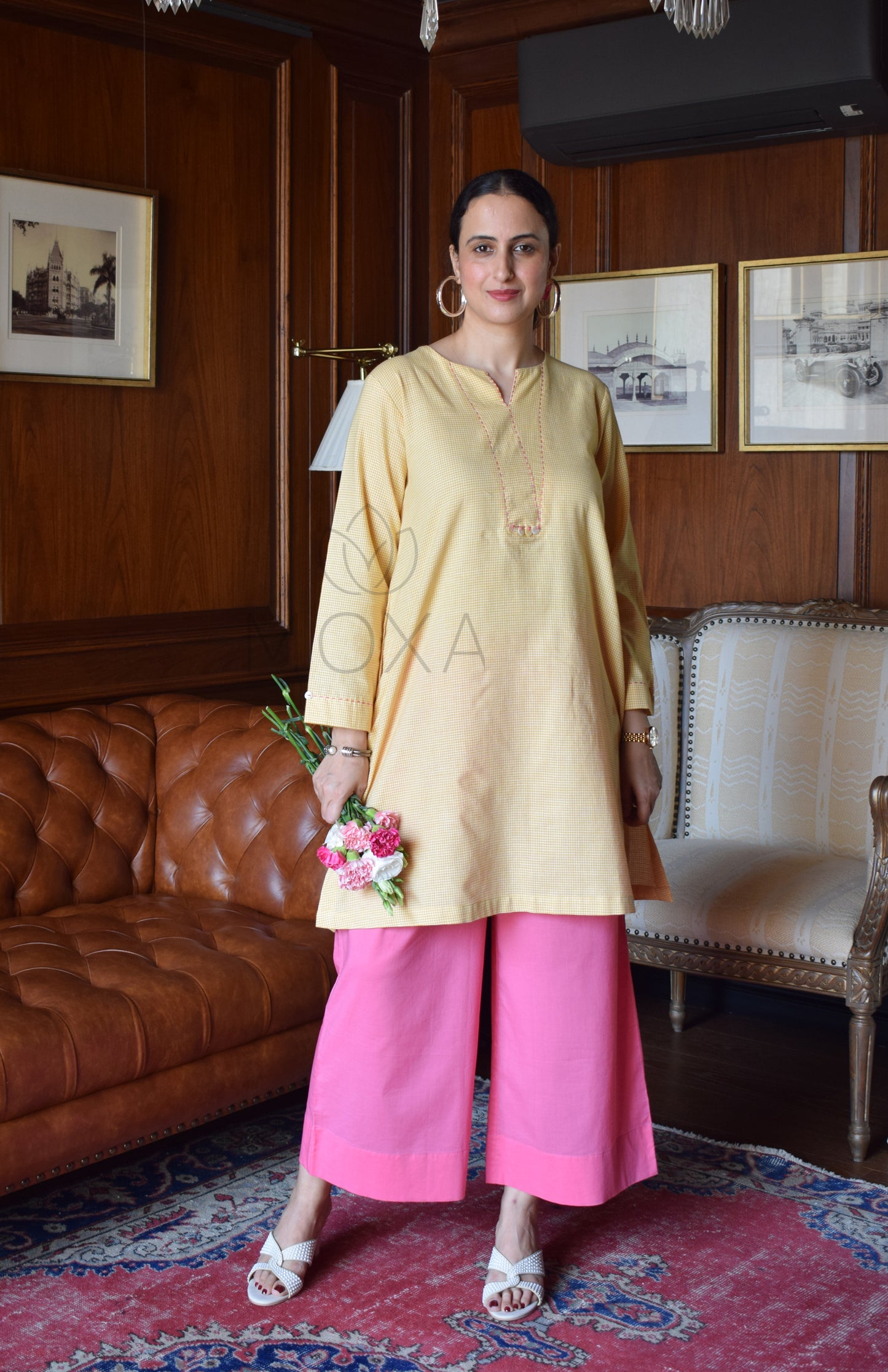 Butter Yellow Mini Checks Short Kurta in Handloom Cotton