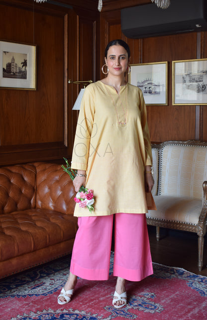 Butter Yellow Mini Checks Short Kurta in Handloom Cotton