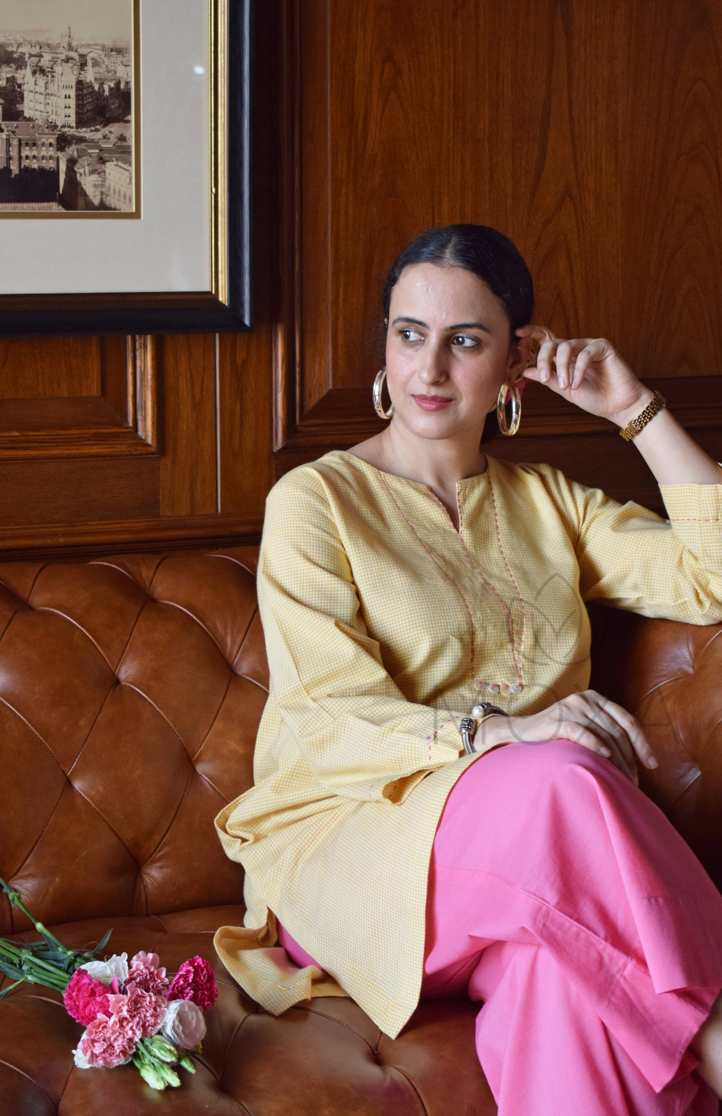 Butter Yellow Mini Checks Short Kurta in Handloom Cotton