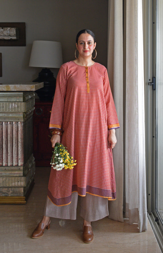 Rust Orange Checks A line Kurta with Pyjama in Handwoven cotton