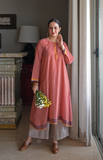 Rust Orange Checks A line Kurta with Pyjama in Handwoven cotton