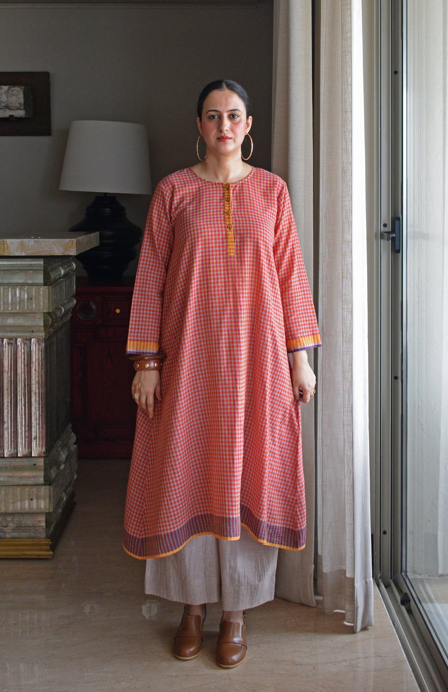Rust Orange Checks A line Kurta with Pyjama in Handwoven cotton