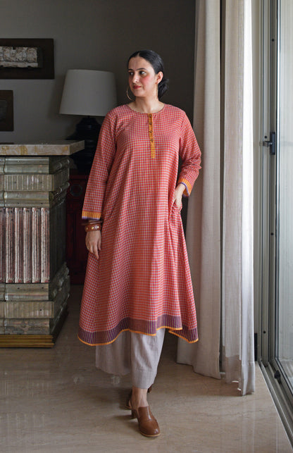 Rust Orange A line Kurta with Round Neck in Handwoven checks