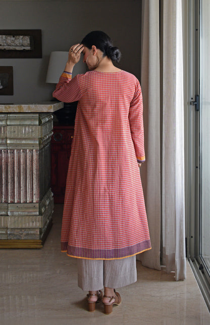 Rust Orange A line Kurta with Round Neck in Handwoven checks