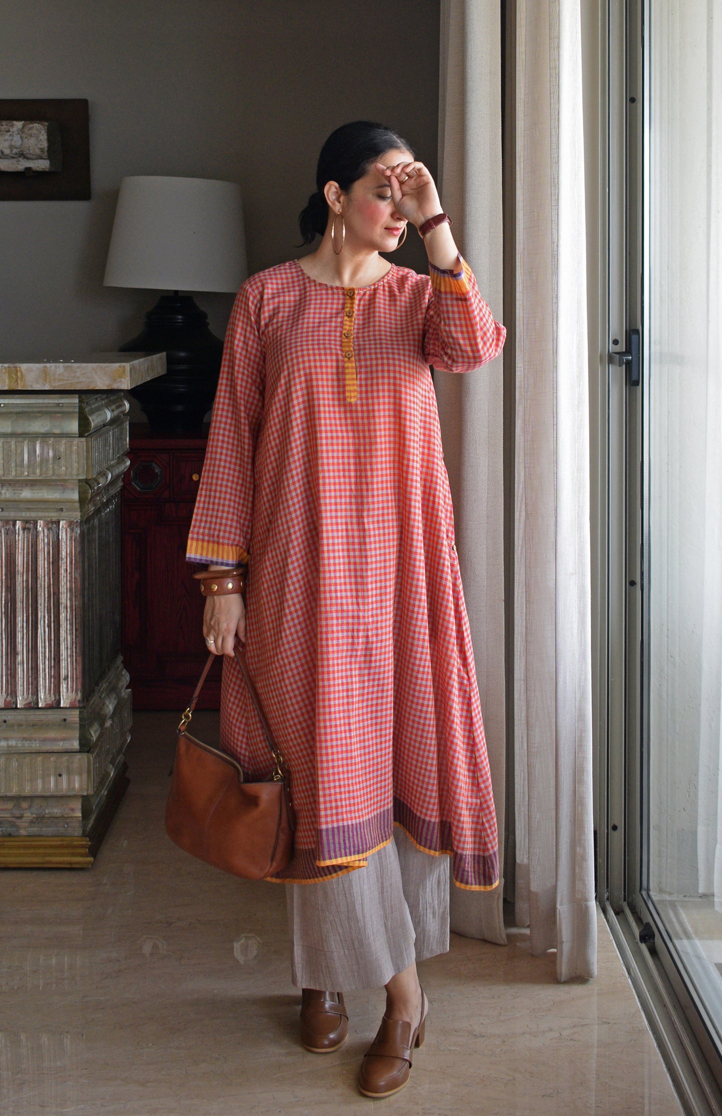Rust Orange A line Kurta with Round Neck in Handwoven checks