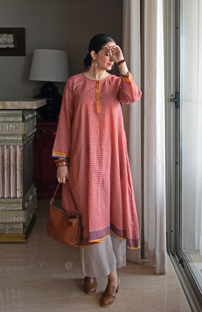 Rust Orange A line Kurta with Round Neck in Handwoven checks
