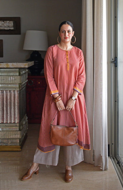 Rust Orange A line Kurta with Round Neck in Handwoven checks