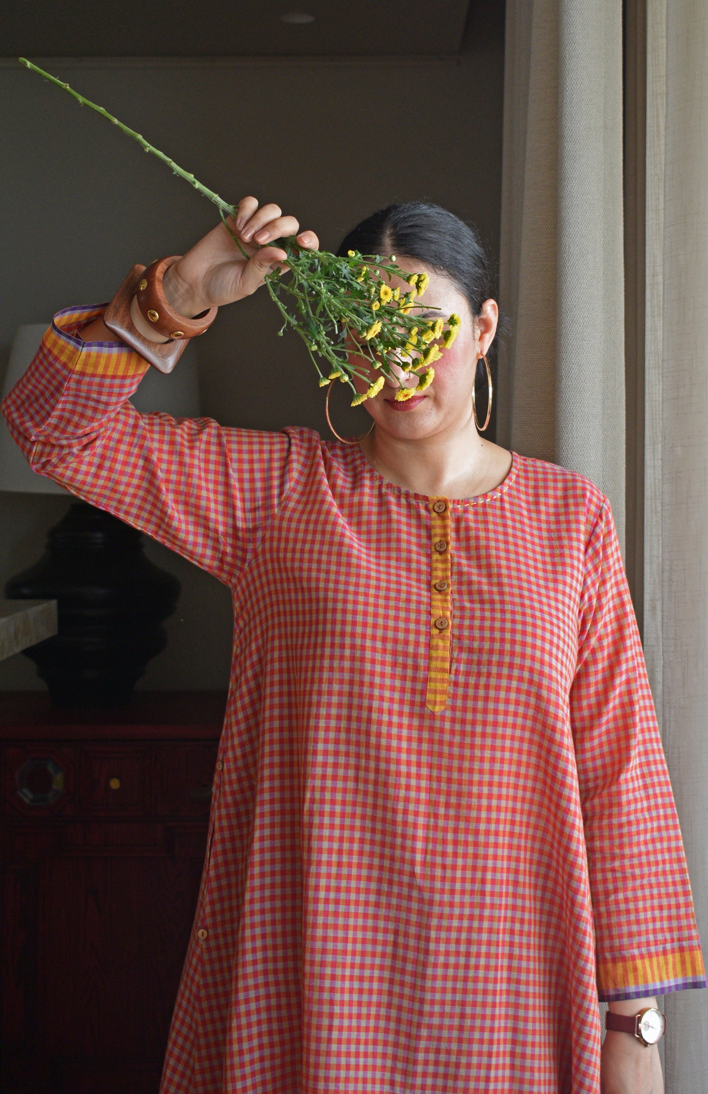 Rust Orange Checks A line Kurta with Pyjama in Handwoven cotton