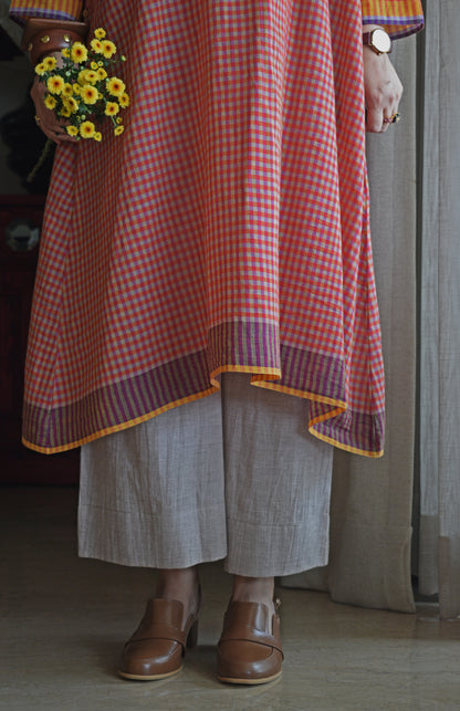 Rust Orange A line Kurta with Round Neck in Handwoven checks
