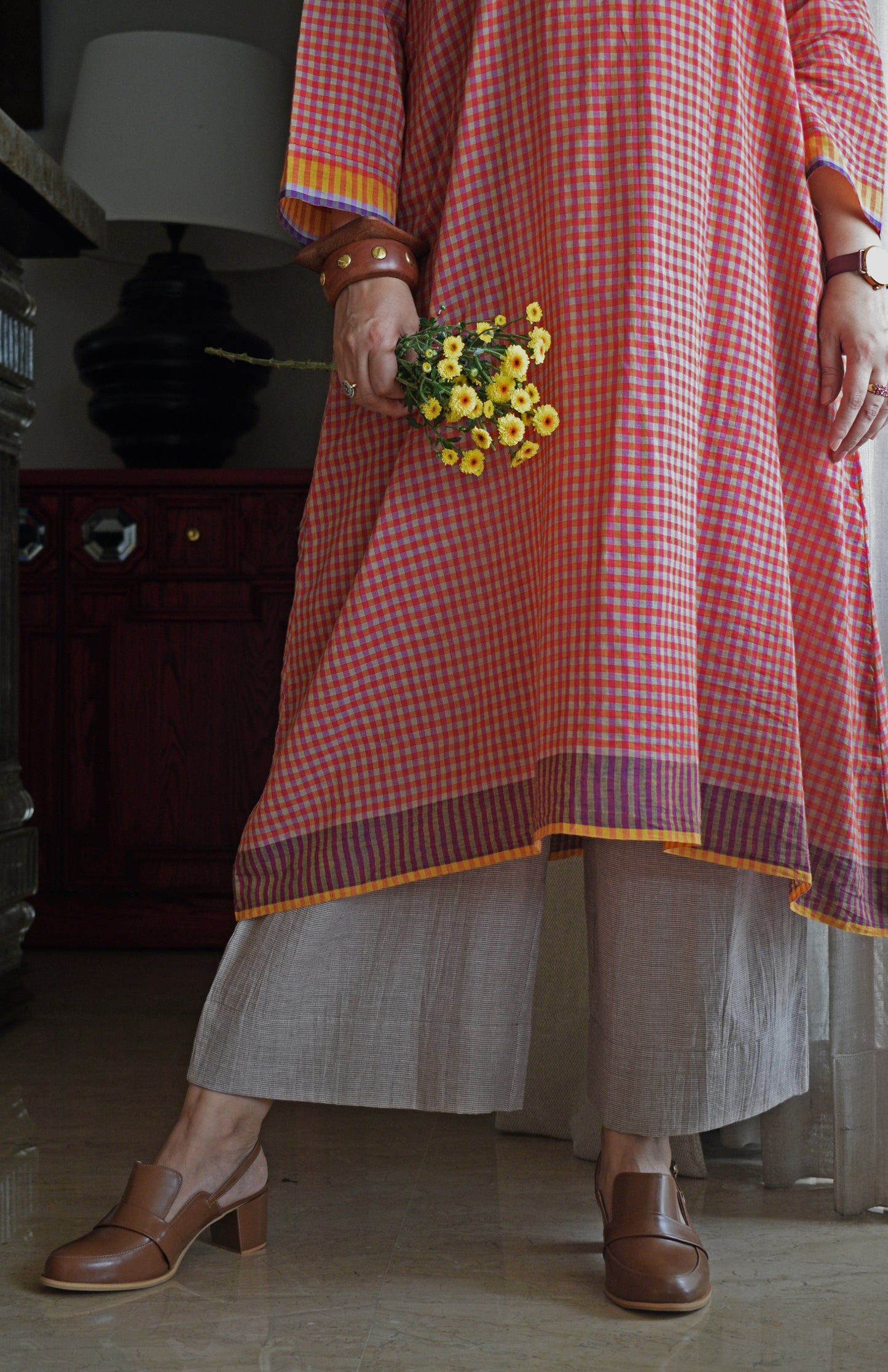 Rust Orange Checks A line Kurta with Pyjama in Handwoven cotton