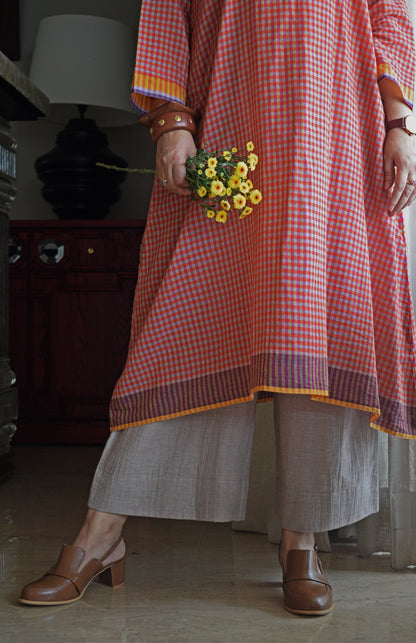 Rust Orange Checks A line Kurta with Pyjama in Handwoven cotton