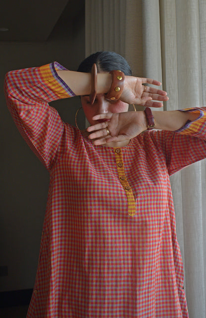 Rust Orange Checks A line Kurta with Pyjama in Handwoven cotton