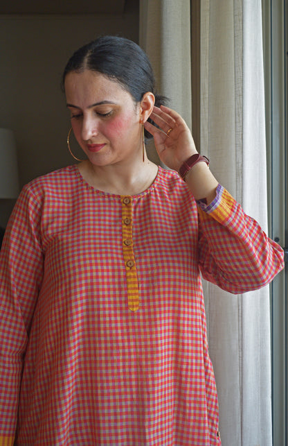 Rust Orange A line Kurta with Round Neck in Handwoven checks