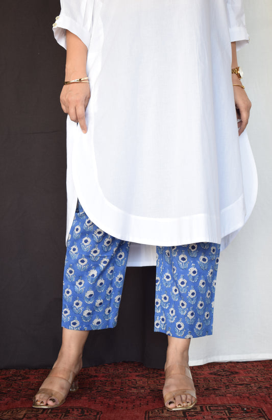 Blue Hand Block Printed Straight Fit Pants