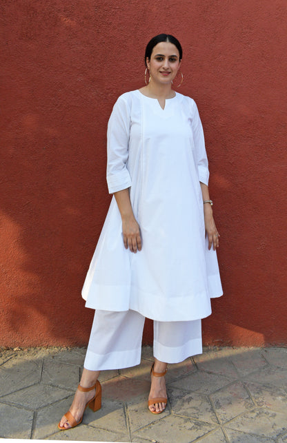 White A line Cotton Kurta with Panels and pajama