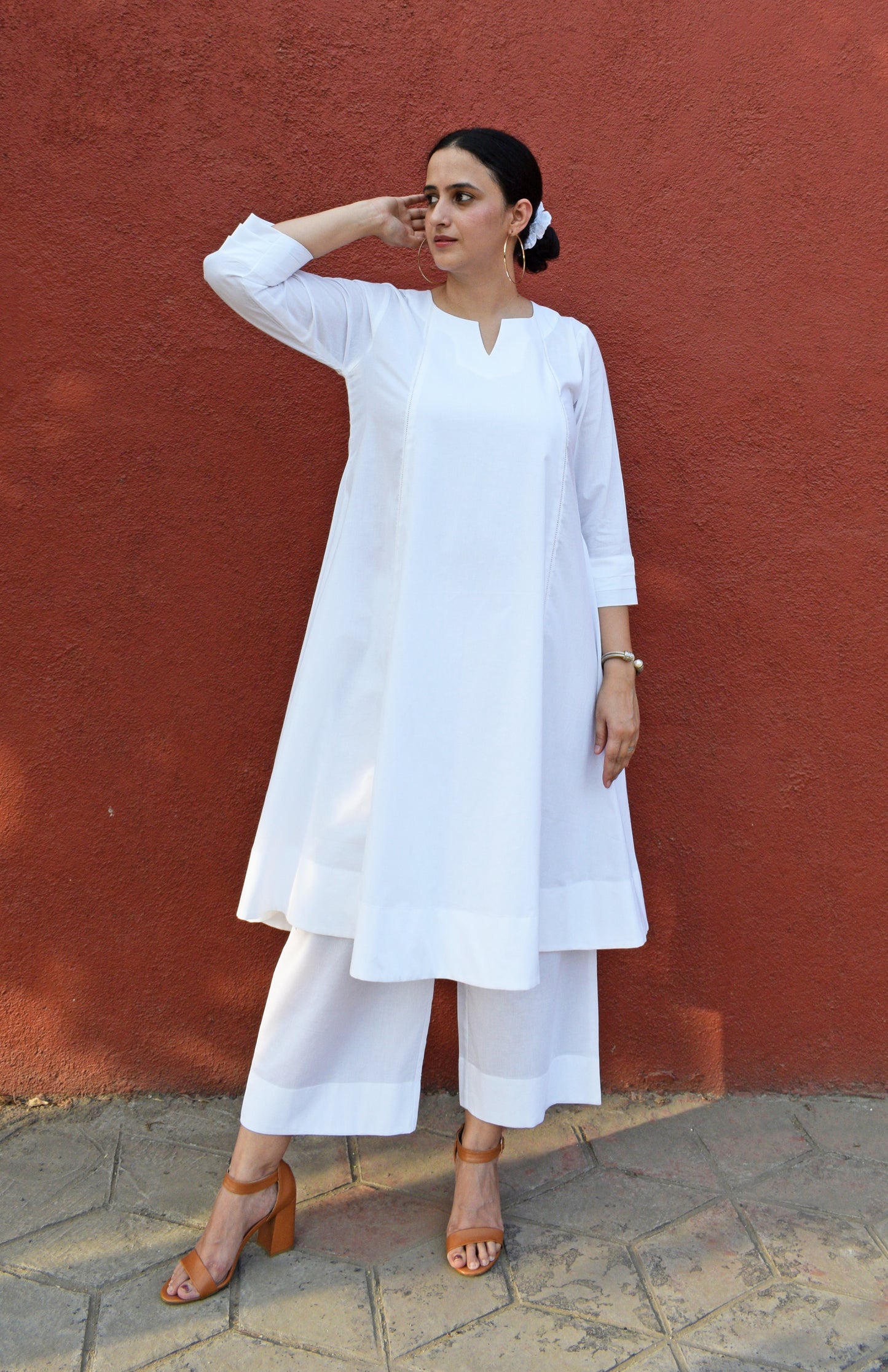 White A line Cotton Kurta with Panels and pajama