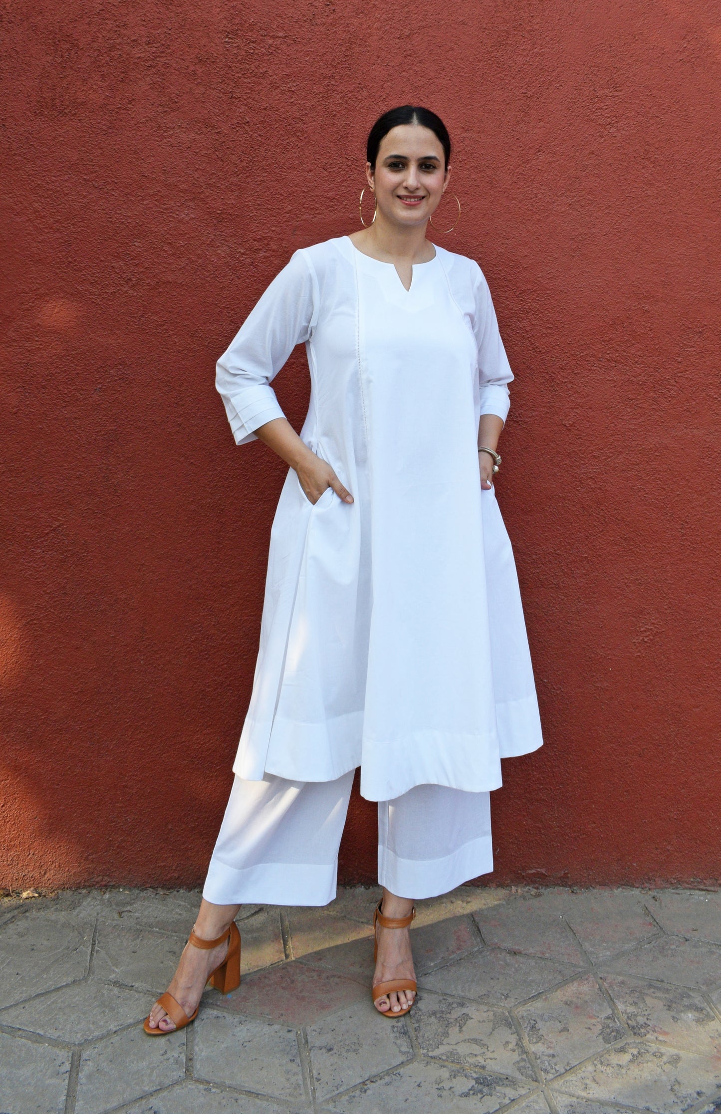 White A line Cotton Kurta with Panels and pajama