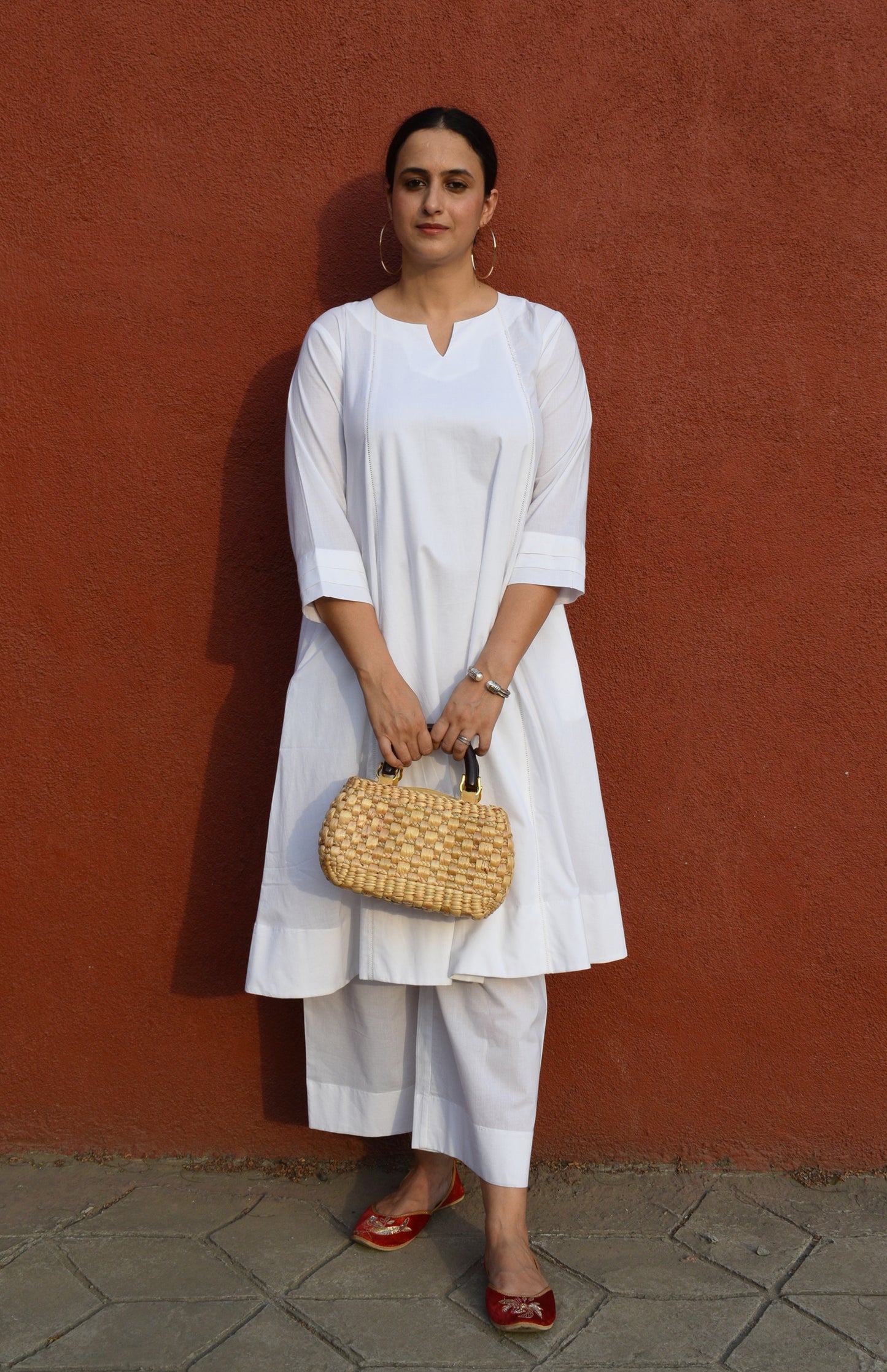 White A line Cotton Kurta with Panels and pajama