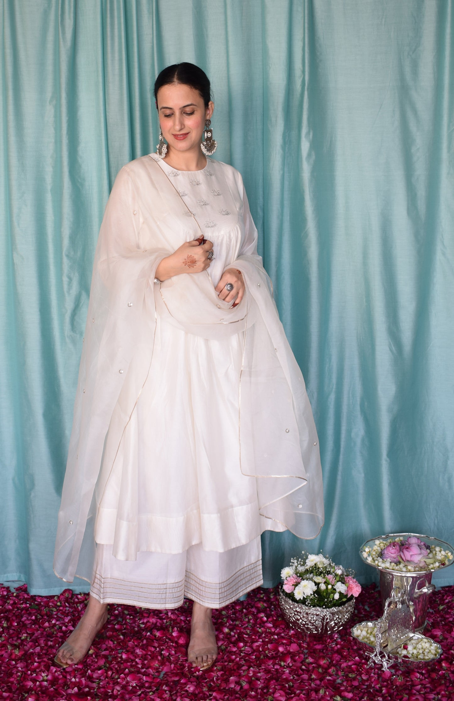 Sufi Chanderi Set with Hand Embroidered Yoke and Wide Legged Pyjama