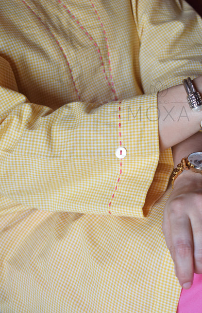 Butter Yellow Mini Checks Short Kurta in Handloom Cotton